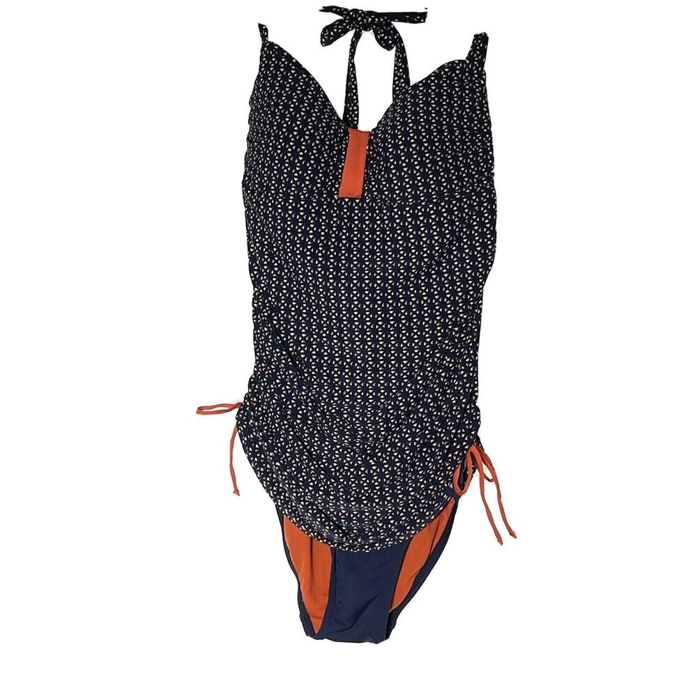 One Piece Halter Swim suit 6 Navy and Orange Moontide Of New Zealand Retro